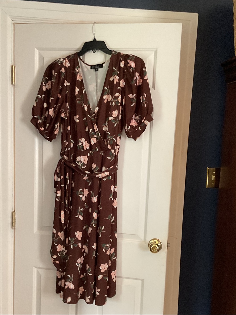 Eloquii Brown Midi Wrap Dress with Pink Floral Print
